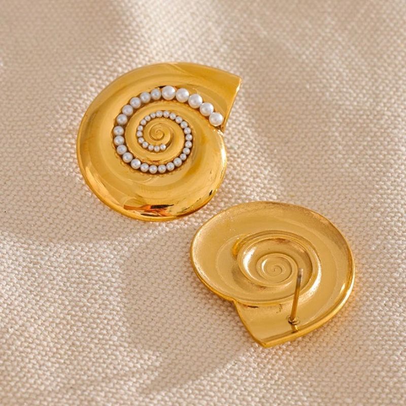 Gold Shell Pearls Stud Earrings