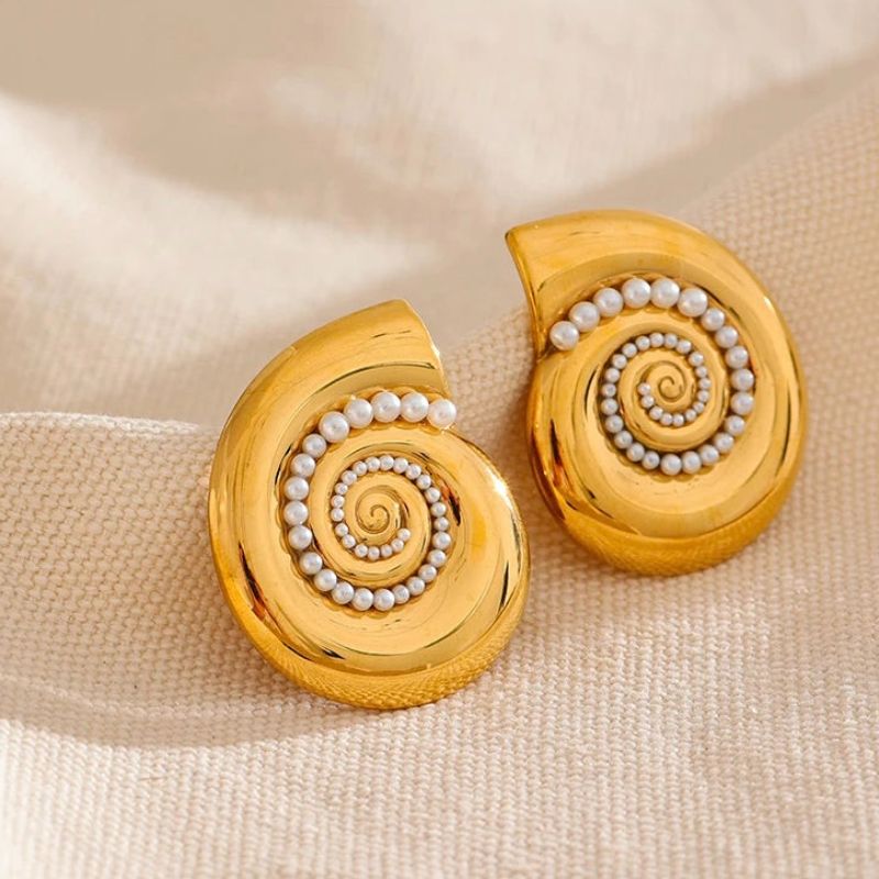 Gold Shell Pearls Stud Earrings