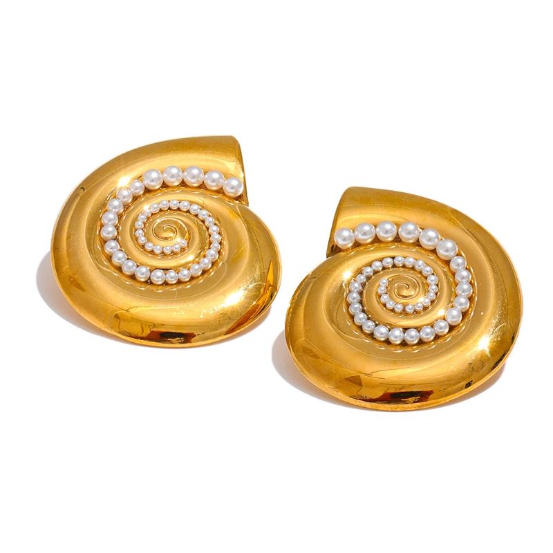 Gold Shell Pearls Stud Earrings