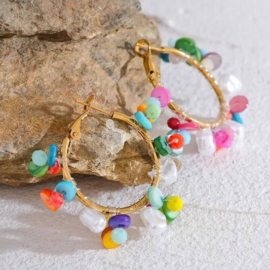 Aura Boho Gold Pearl Hoop Earrings