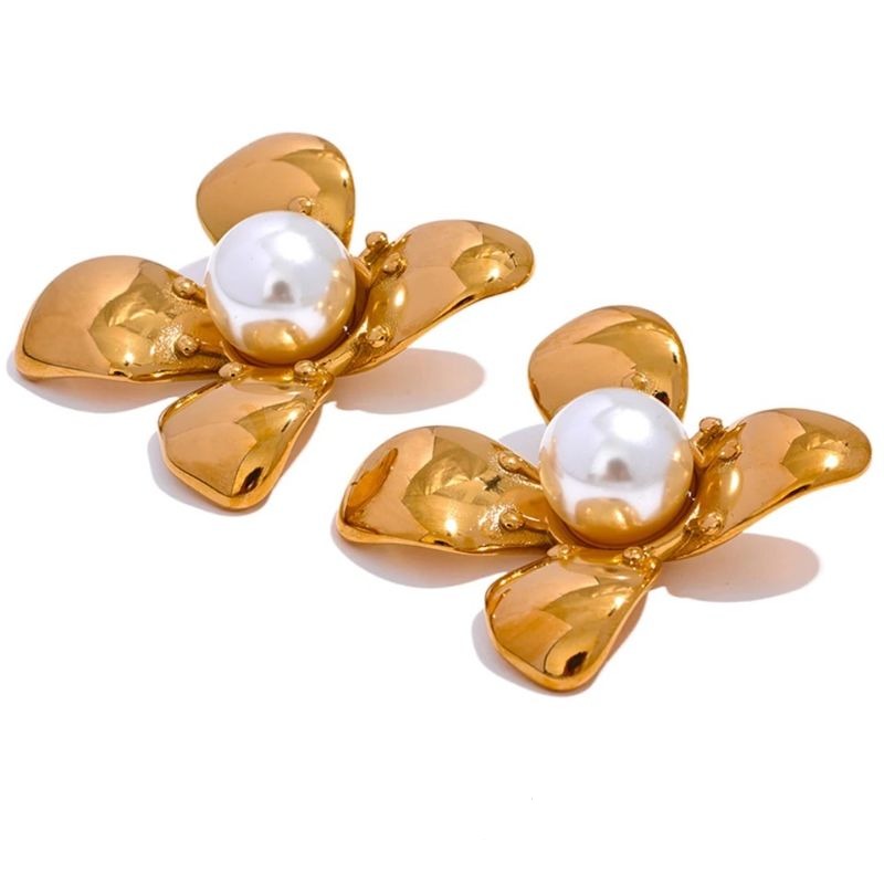 Chrystal Flower Pearl Gold Earrings